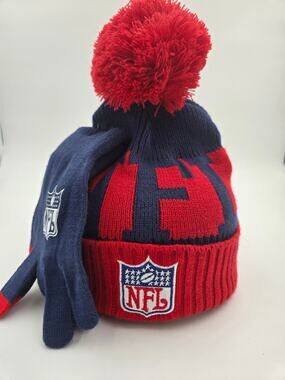 NFL Team Apparel Pom Beanie Hat & Gloves Set Navy Red Winter Knit
